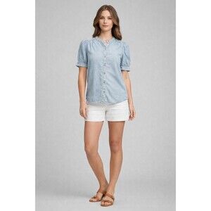 Zac & Rachel Chambray Puff Sleeve Button Front Blouse Womens Large Denim Look